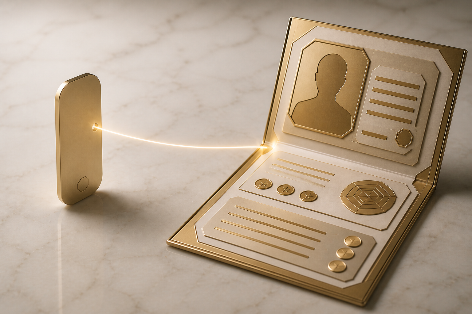 Illustration: a nearly blank gold identity plaque joined by a thread to an open dossier — the on-chain name and the card that lives in the URI file.